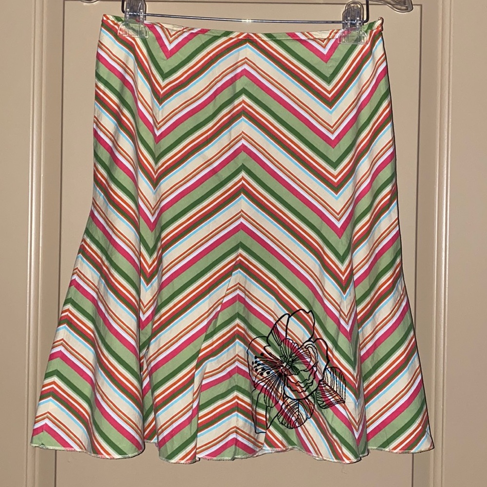 Mix Nouveau multi color striped skirt with black embroidered hibiscus flower